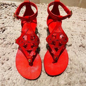 Leather Tory Burch  orange wedge sandals, size 5M Runs like a size 6